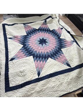 Vintage 8 Point Star Pink Floral Blue Cream Handmade Queen Size Quilt 90x92